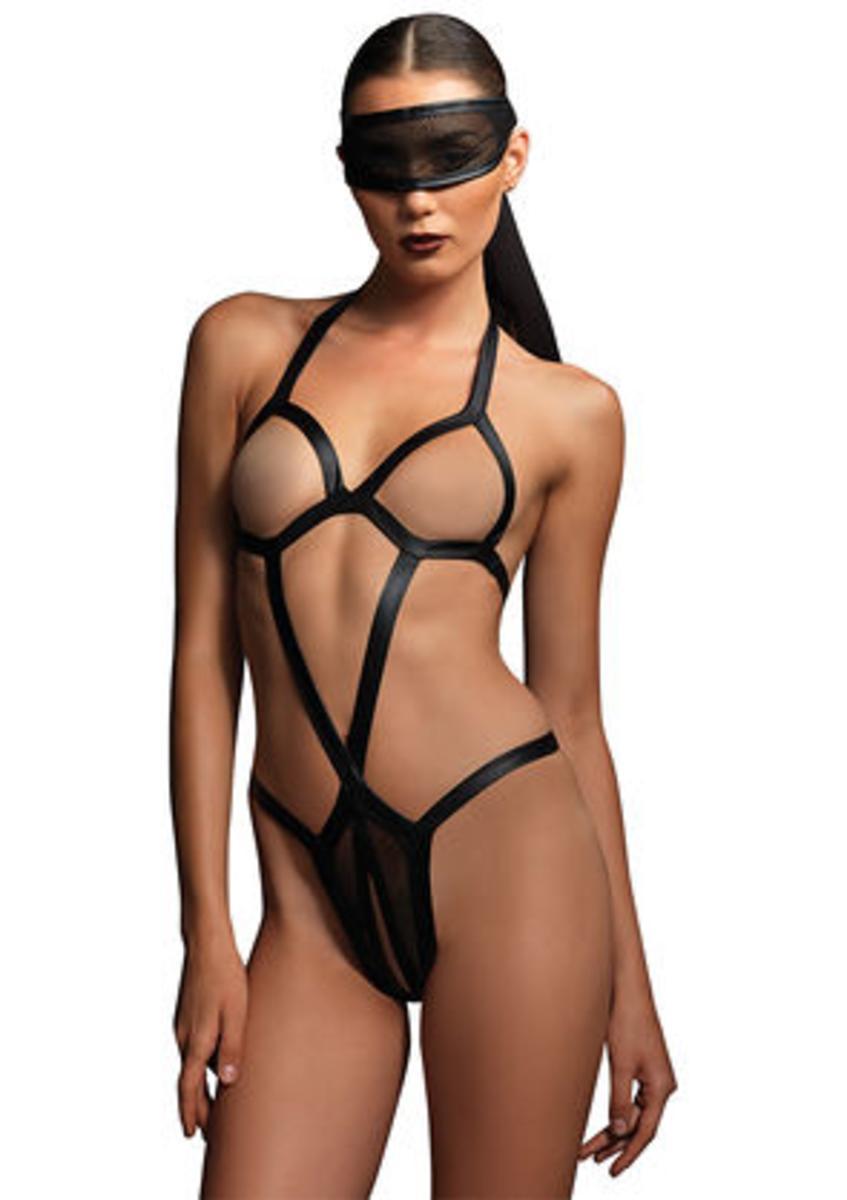 2PC.Open cup bondage teddy w/crotchless panty,eye mask in BLACK