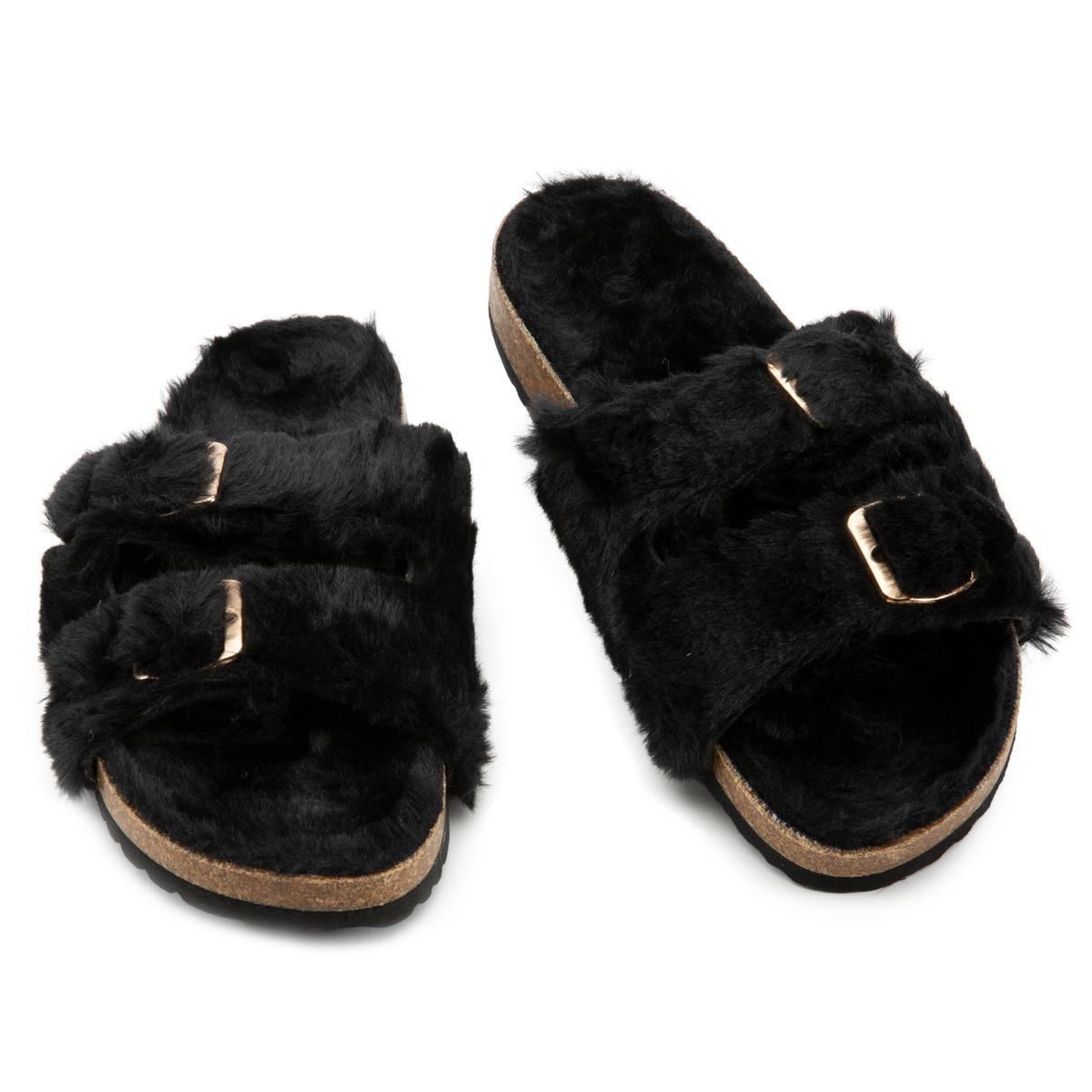 Double Buckle Fur Strap Slides Beige Double Buckle Footbed