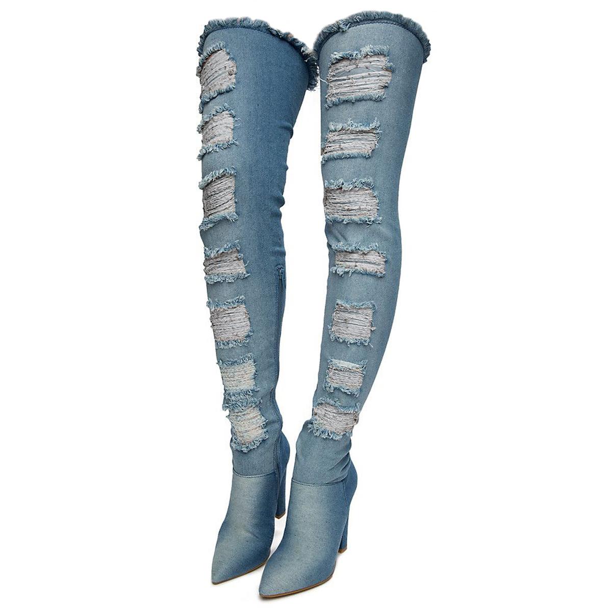 Madam Thigh-High Heel Denim Boots