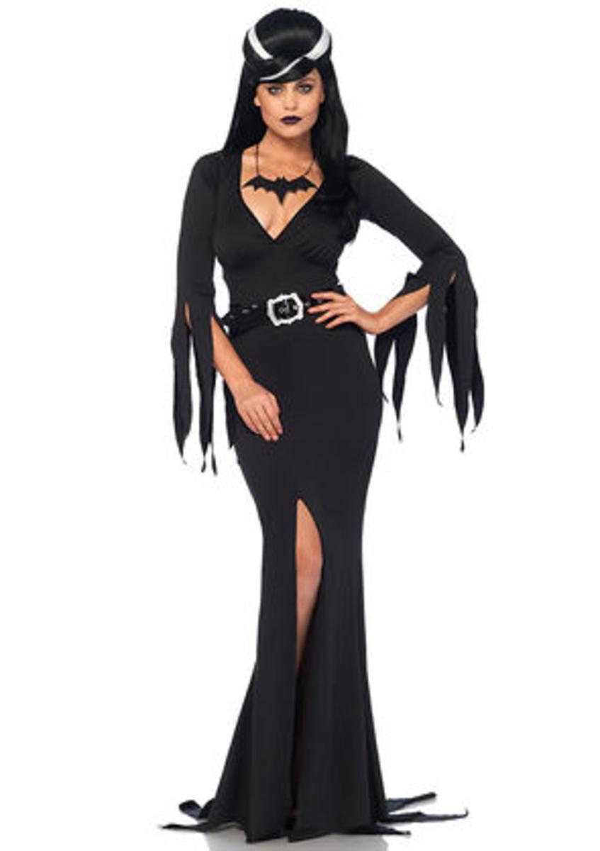 3PC.Immortal Mistress,deep-V body hugging dress,belt,bat necklace in BLACK