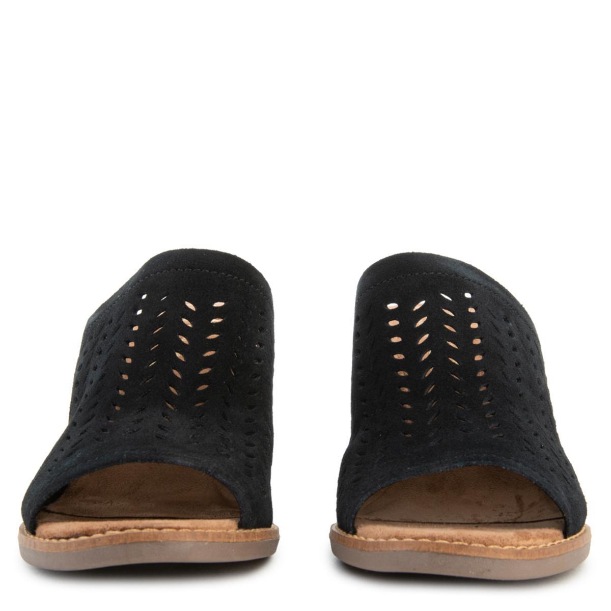 Majorca Mule Heels in Black Suede/Perforated Leaf