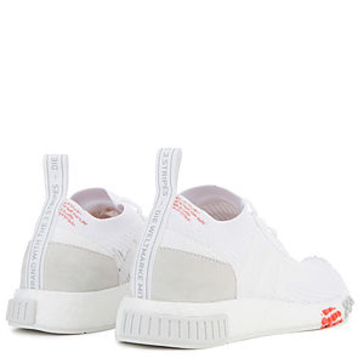 The Women's NMD Racer Primeknit in White and Trace Scarlet