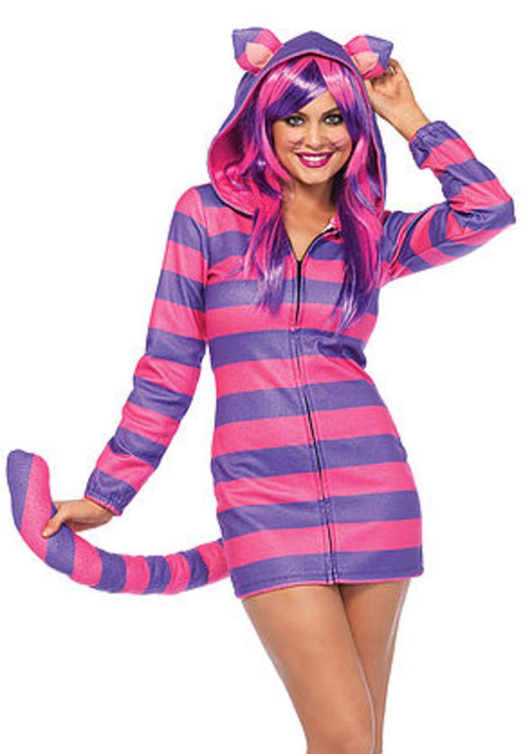 The Cozy Cheshire Cat, Fleece Dress w/Cat Ear Hood and Long Tail in Pink and Purple