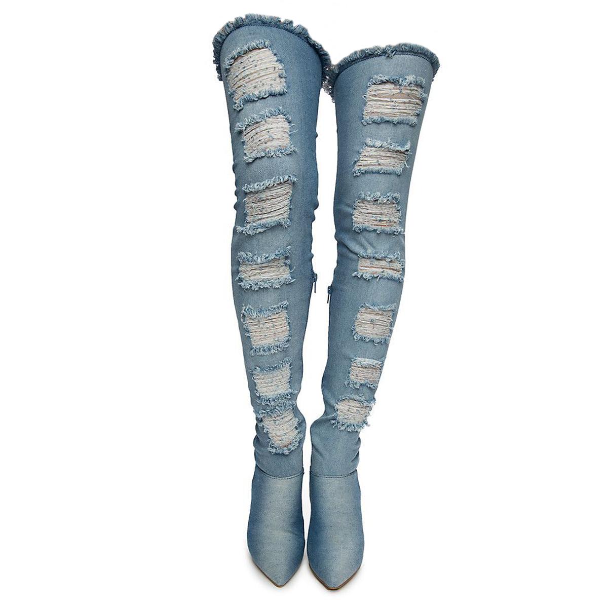 Madam Thigh-High Heel Denim Boots