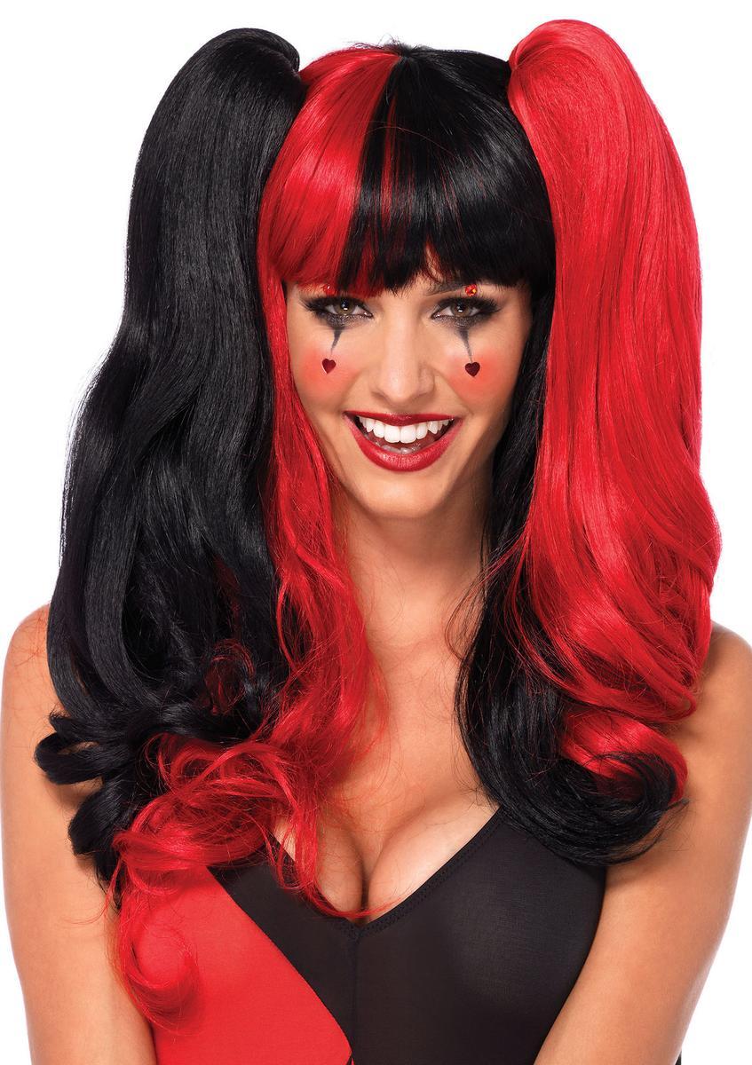 Harlequin wig with clip-on pony tails and adjustable strap in BLACK/RED