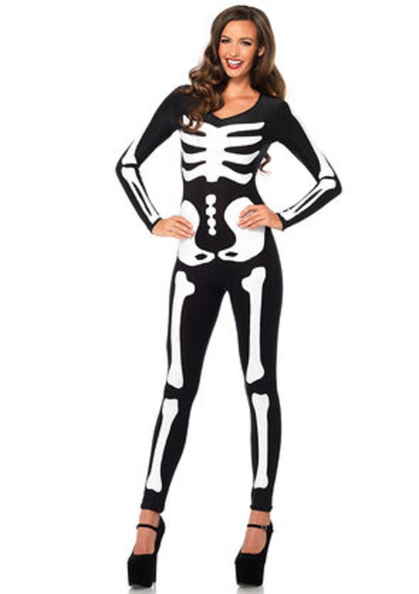 Spandex printed glow-in-the-dark skeleton catsuit in BLACK/WHITE