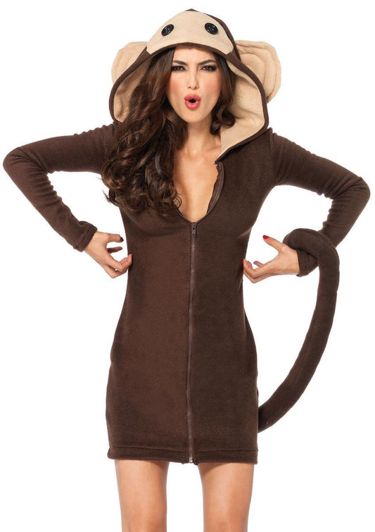 Cozy Monkey,dress w/attached tail, and funny face hood in BROWN