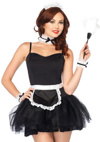 4PC.French Maid Kit,apron, neck piece, wrist cuffs, and headband in BLACK/WHITE