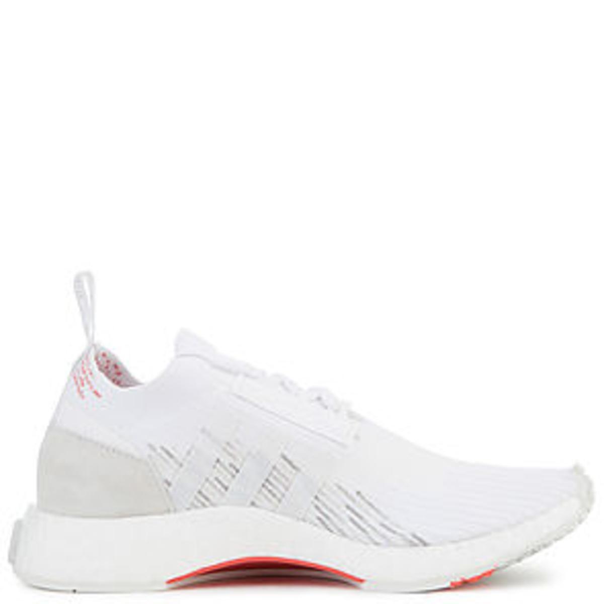 The Women's NMD Racer Primeknit in White and Trace Scarlet