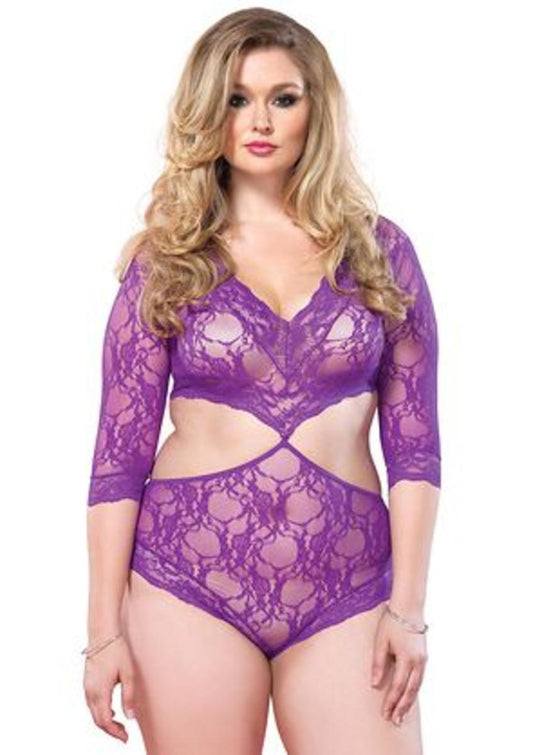 Floral lace deep-V cut out teddy with full back panty PLUS SI PURPLE