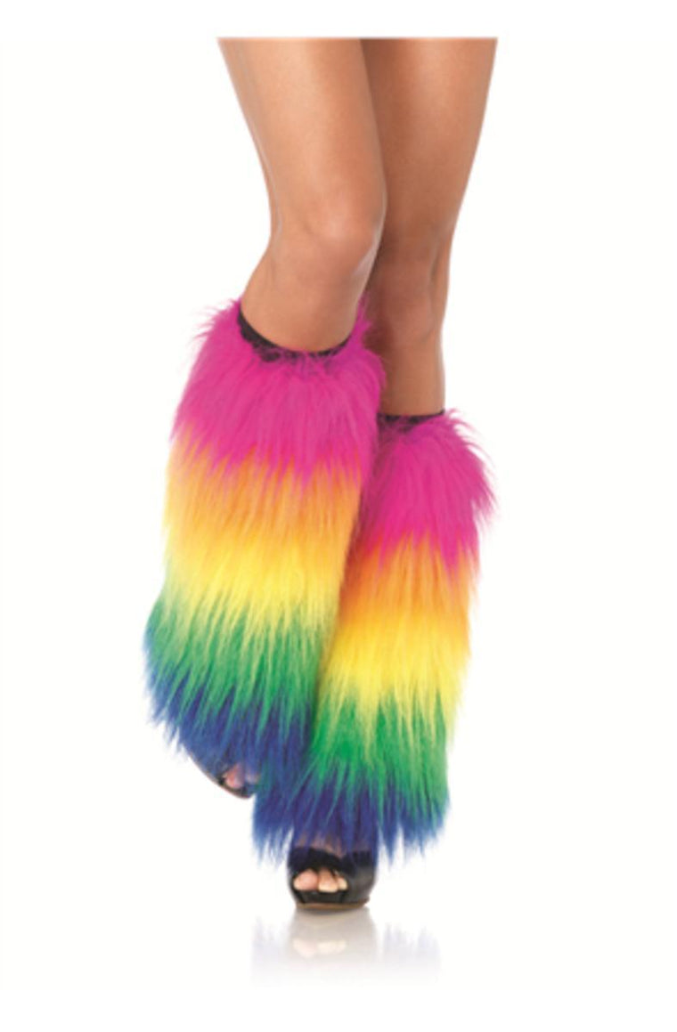 Furry rainbow leg warmers in MULTICOLOR