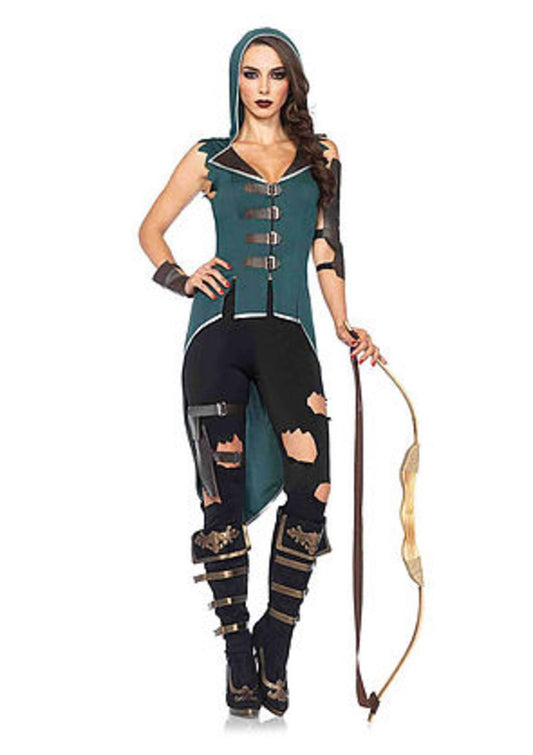 The 5PC. Rebel Robin Hood, Hooded Top, Leggings, Arm/Wrist Cuffs, Garter in Black and Green
