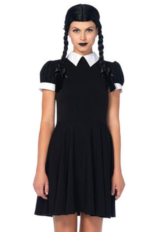 The 2PC. Gothic Darling, Classic Collared Dress, Braided Wig w/Bows in Black and White