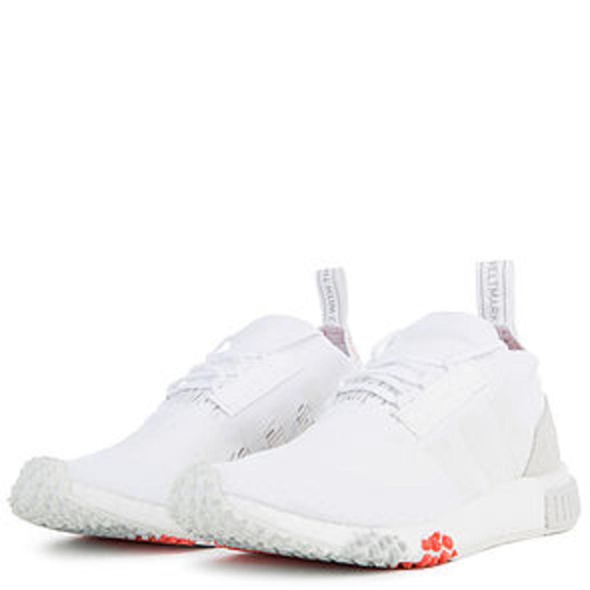 The Women's NMD Racer Primeknit in White and Trace Scarlet