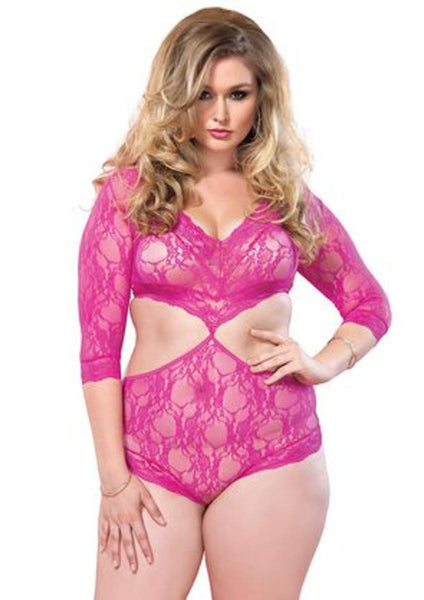 Floral lace deep-V cut out teddy with full back panty PLUS SI FUCHSIA