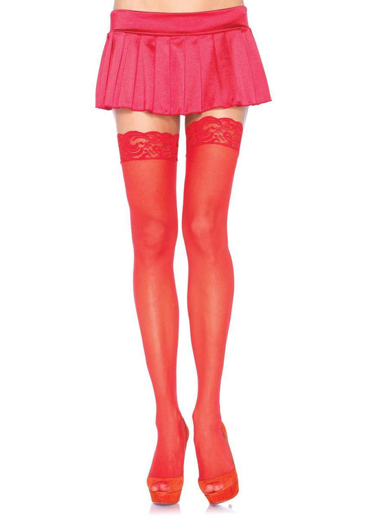 The Nylon Sheer Thigh-Hi W/Lace Top in Red