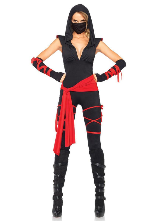 4PC.Deadly Ninja,catsuit ,waist sash,arm warmers,mask,leg wraps in BLACK/RED