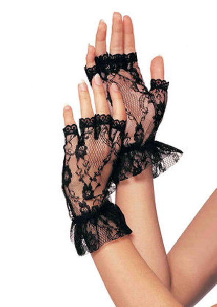 (Dz. Pack) Lace Fingerless Wrist Ruffle Gloves in BLACK