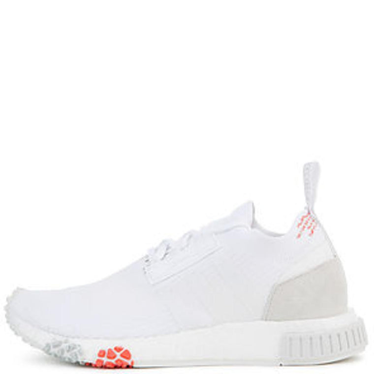 The Women's NMD Racer Primeknit in White and Trace Scarlet