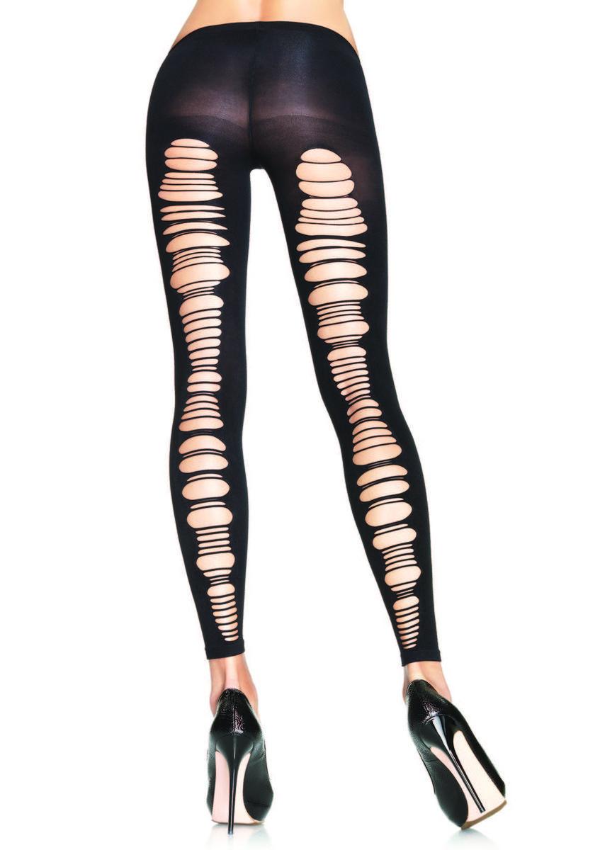 Spandex shredded back opaque footless tights in BLACK