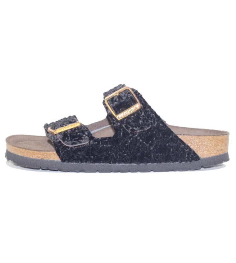 Birkenstock for Women: Arizona Suede/Textile Persian Black Soft Footbed Sandal