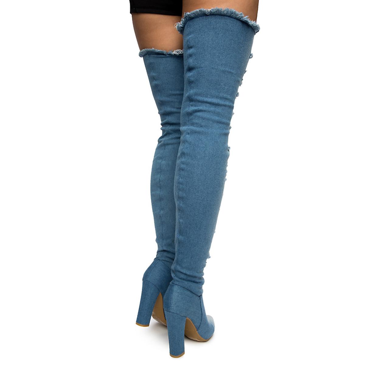 Madam Thigh-High Heel Denim Boots