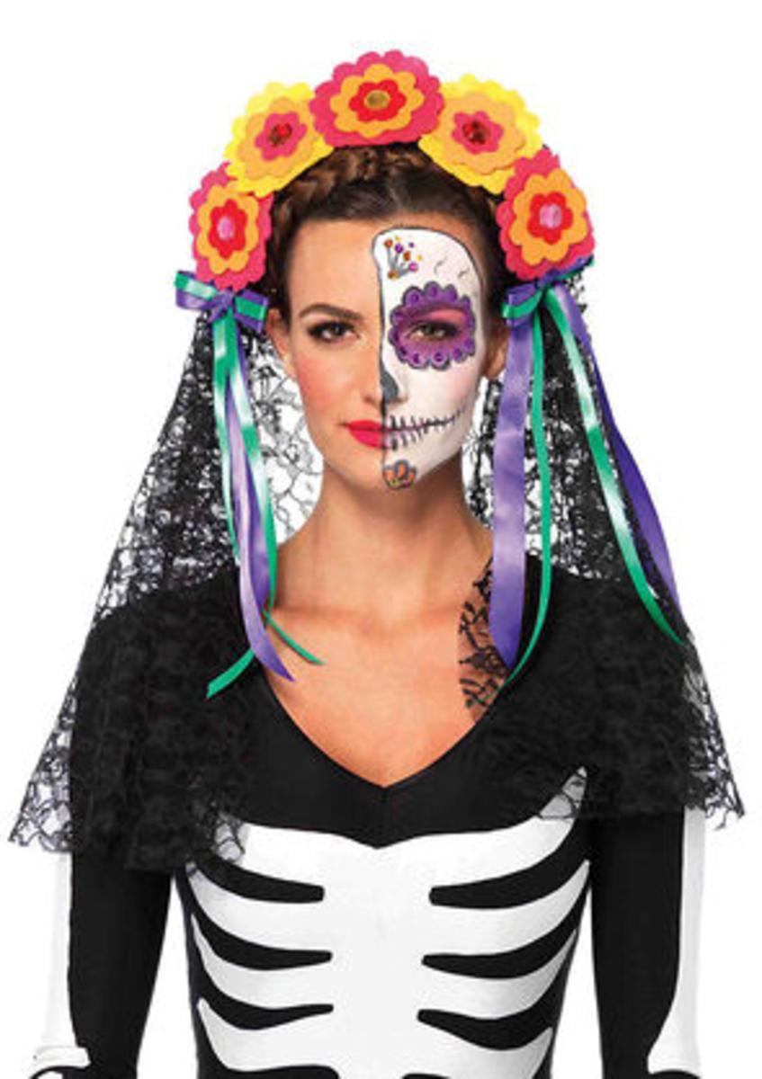 Day of the Dead flower headband with lace veil in MULTICOLOR