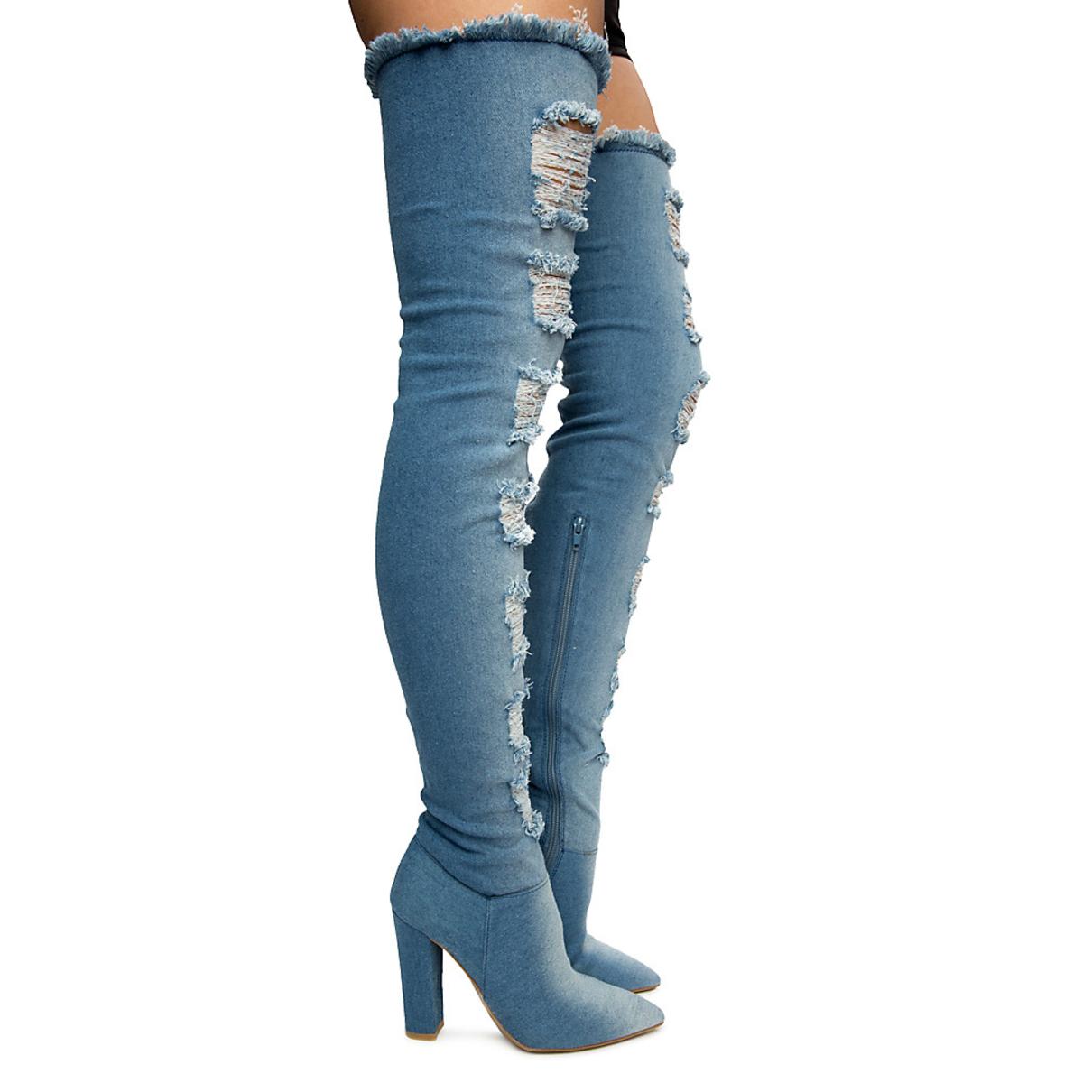 Madam Thigh-High Heel Denim Boots