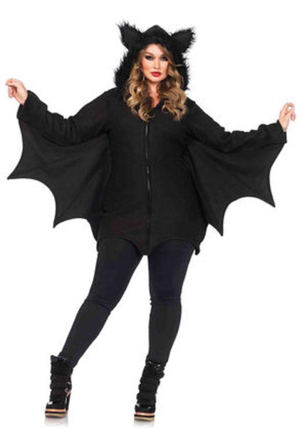 Cozy Bat,dress w/bat wing sleeves and furry ear hood in BLACK