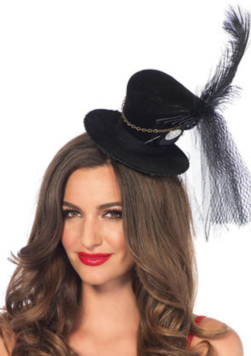 Steampunk velvet top hat with chain and feather accent in BLACK