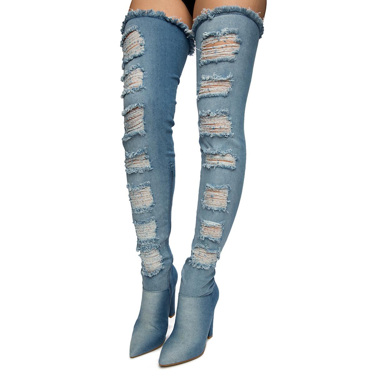 Madam Thigh-High Heel Denim Boots