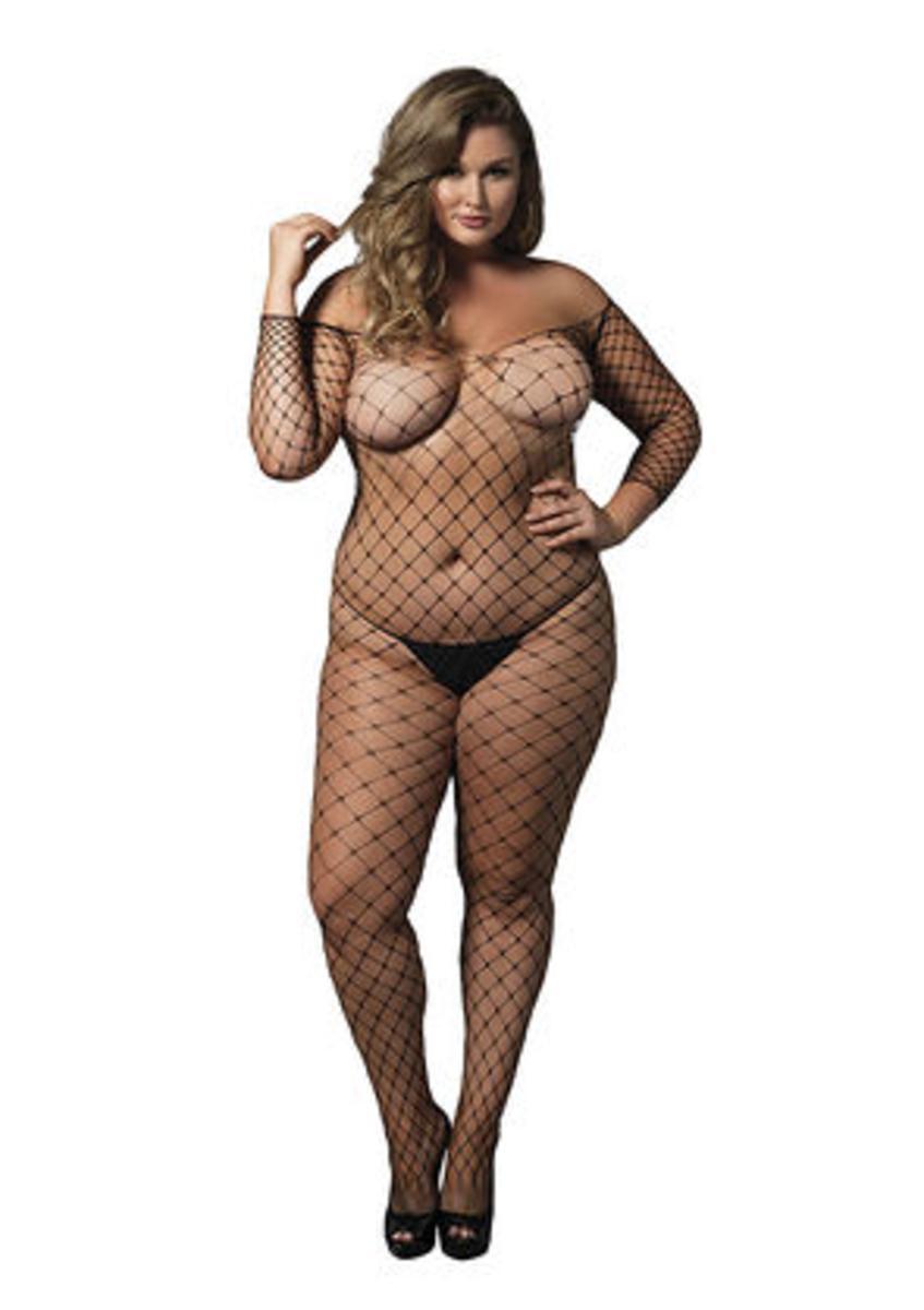 Fence net off the shoulder bodystocking. Long sleeved PLUS SI BLACK