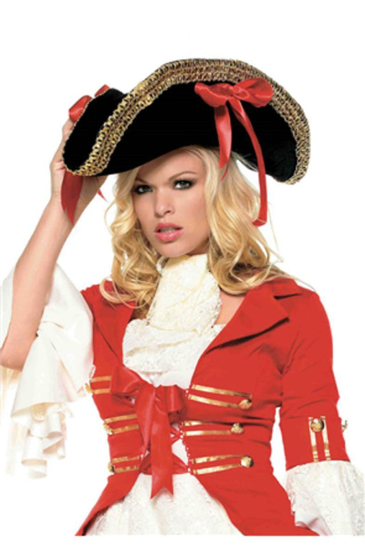 The Pirate Hat with Thick Gold Trim and Side Ribbons Topped in Black/Red